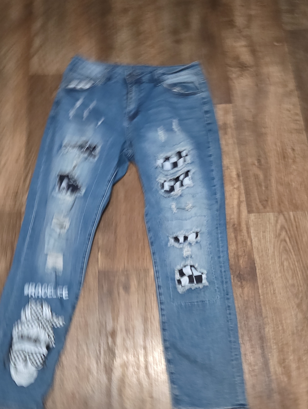 Blue Distressed Women's Jeans with Checker Patch